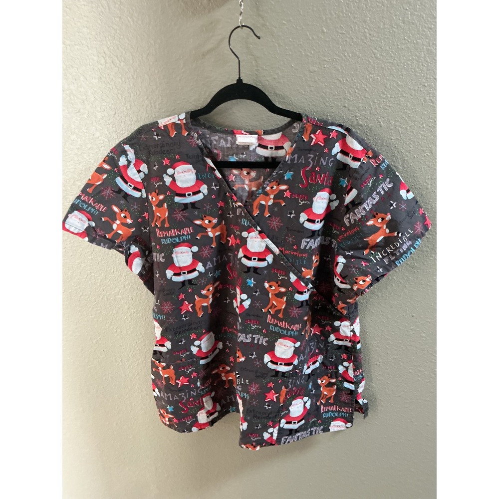 Rudolph Scrub Top Womens 2XL Gray Excellent Christmas Santa Holiday Nursing